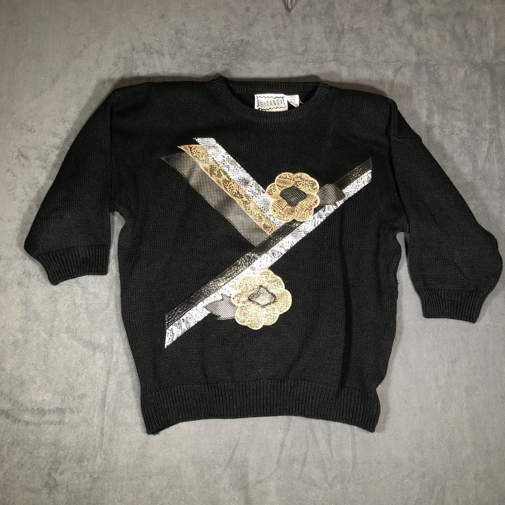 Gitano Vintage Women's Black Sweater Gold Flower Snakeskin 44/24W Preowned